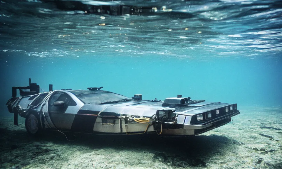 Prompt: photo of a delorean swimming underwater