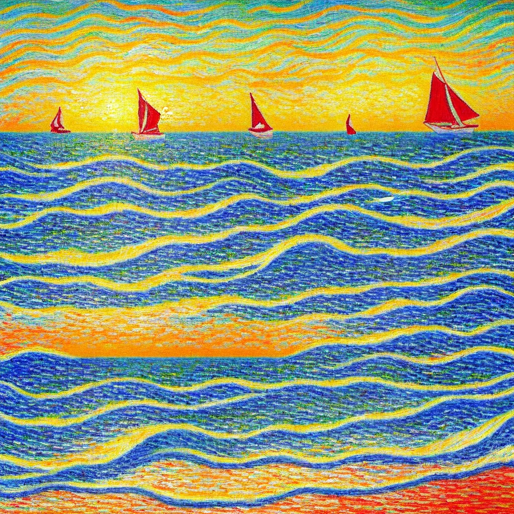 Image similar to beautiful Rolling waves, with a distant, red sailed yacht in the style of Monet and Signac and painted in a style of painting similar to Van Gogh but more impasto and less hatching