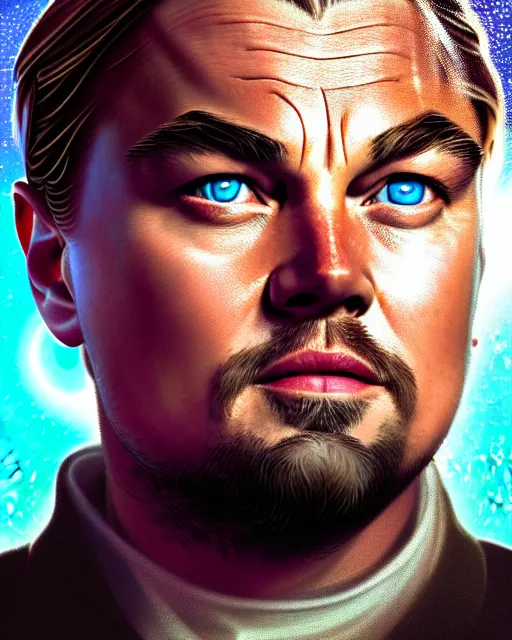 Prompt: centered detailed portrait of leonardo dicaprio in don't look up, futuristic, intricate, octane render, redshift, smooth, illustration, fairy lighting, stars and planets in the background, hyperrealistic, by dmitry prozorov, loish, and wlop, trending on artstation, hyperdetailed, hyperrealism