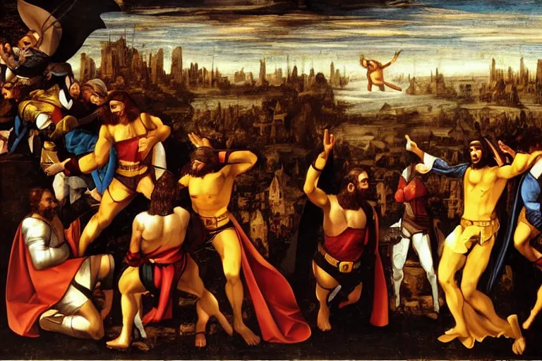 Image similar to jesus fighting batman renaissance oil painting by da vinci