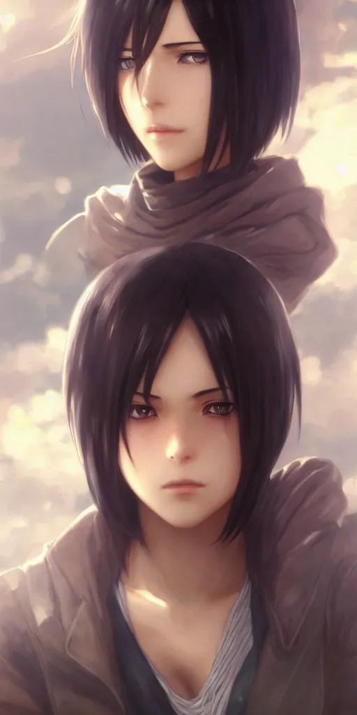 Image similar to mikasa ackerman, hero pose, medium shot, bokeh, beautiful face!!!!, 2 7 years old, cg animation, lifelike, animated, realistic, character select portrait, by artgerm, greg rutkowski, alphonse mucha, 3 d