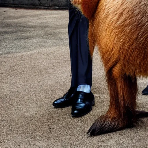 Image similar to a high quality photo of an antropomorphic capybara wearing a suit, 8k, digital art