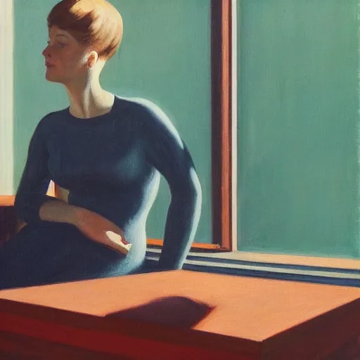 Prompt: A detailed painting by Edward Hopper of a KGB agent sitting in a sunlit room of a soviet blockhouse