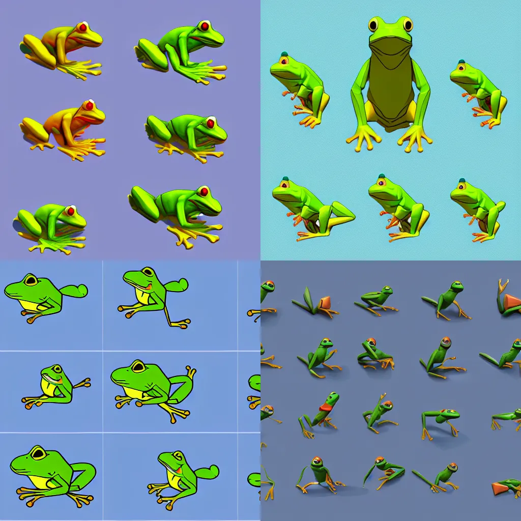 Prompt: sprite sheet of a frog jumping, isometric view, 3D render, low poly artstyle