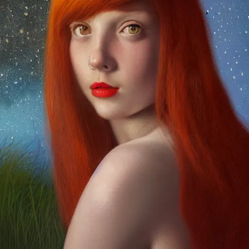 Image similar to a highly detailed digital painting of a red haired young woman, by night among golden fireflies and nature, backlit, deep green eyes, hint of freckles, round gentle face, cheeky smile with red lips, deep focus, smooth, sharp, golden ratio, elegant, art by artemisia lomi gentileschi, caravaggio, greg rutkowski