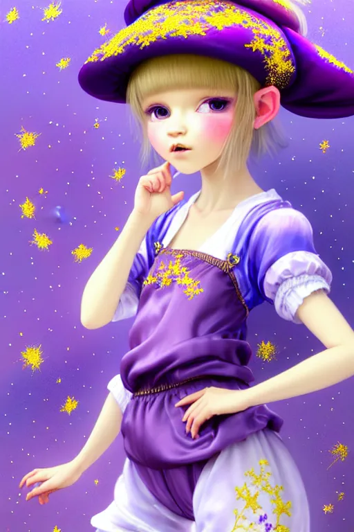 Image similar to Full View fairy maiden with short blond hair wearing an oversized purple Beret, Baggy Purple overall shorts, Short Puffy pants made of silk, silk shoes, a big billowy scarf, Golden Ribbon, and white leggings Covered in stars. covered in embroidery. Short Hair. peasant magic. masterpiece 4k digital illustration by Ruan Jia and Mandy Jurgens and Artgerm and william-adolphe bouguereau, award winning, Artstation, art nouveau aesthetic, Alphonse Mucha background, intricate details, realistic, panoramic view, Hyperdetailed, 8k resolution, intricate art nouveau