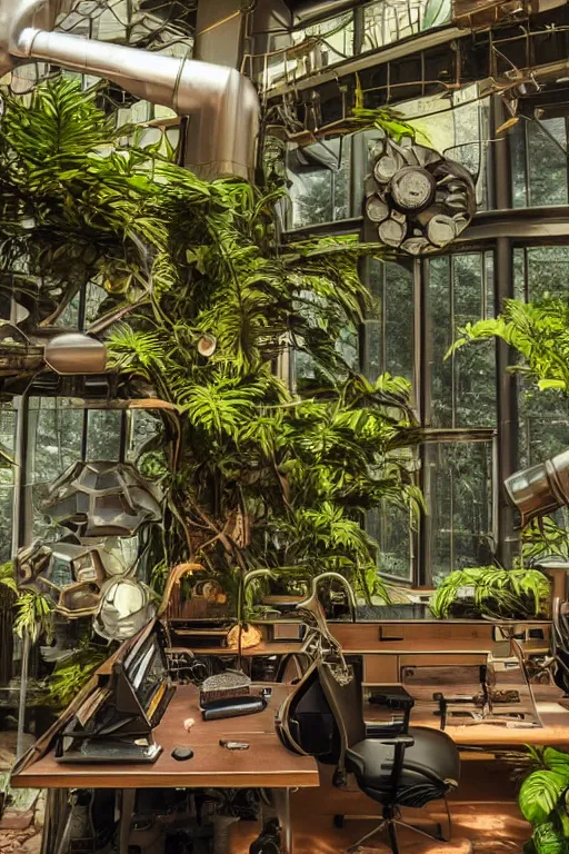 Image similar to a futuristic steampunk science office, inside a building built in the middle of a lush tropical rainforest, steampunk furniture and computers, lush forest outside of the window, cinematic back lit lighting, realistic, detailed, canon 50mm lens,