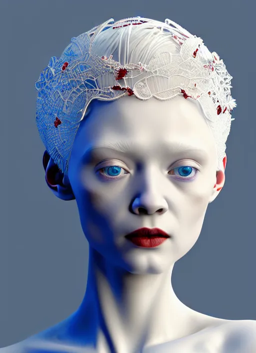 Image similar to complex 3d render ultra detailed of a beautiful porcelain profile young albino woman face, blue eyes, biomechanical cyborg, 200 mm lens, beautiful studio soft light, rim light, silver white gold red details, magnolia big leaves achromatic and stems, roots, fine foliage lace, mesh wire, Alexander Mcqueen high fashion haute couture, art nouveau fashion embroidered, intricate details, hyper realistic, ultra detailed, mandelbrot fractal, anatomical, facial muscles, cable wires, microchip, elegant, octane render, H.R. Giger style, 8k post-production, trending on Artstation