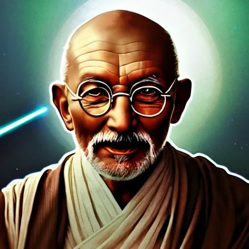 Image similar to a photorealistic portrait of ghandi as a jedi in star wars cinematic lighting, photorealistic, octane render, 8 k, depth of field, 3 d, art by artgerm and greg rutkowski and alphonse mucha and uang guangjian and gil elvgren and sachin ten