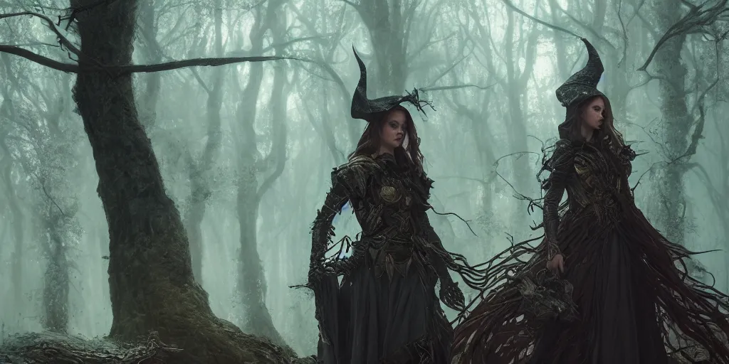 Image similar to 5 5 mm portrait photo of an armored gorgeous aesthetic witch, in magical forest. art by greg rutkowski. highly detailed 8 k. intricate. lifelike. soft light. nikon d 8 5 0.