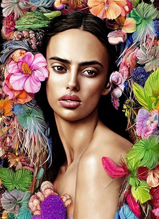 Prompt: beautiful portrait of Irina Shayk wearing fantastic Hand-dyed cotton dress,embellished beaded feather decorative fringe knots ,colorful pigtail,subtropical flowers and plants,symmetrical face,mediterranean,intricate,elegant,highly detailed,8k,post-processing,digital painting,trending on pinterest,harper's bazaar,concept art, sharp focus, illustration, by artgerm,Tom Bagshaw,Lawrence Alma-Tadema,greg rutkowski,alphonse Mucha