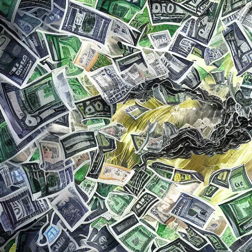 Image similar to tornado made of dollar bills swirling in the wind, dark clouds of cash in the background, very realistc, highly detailed, by Alex Pardee and Nekro and Petros Afshar, unstirred paint, vivid color, cgsociety 4K