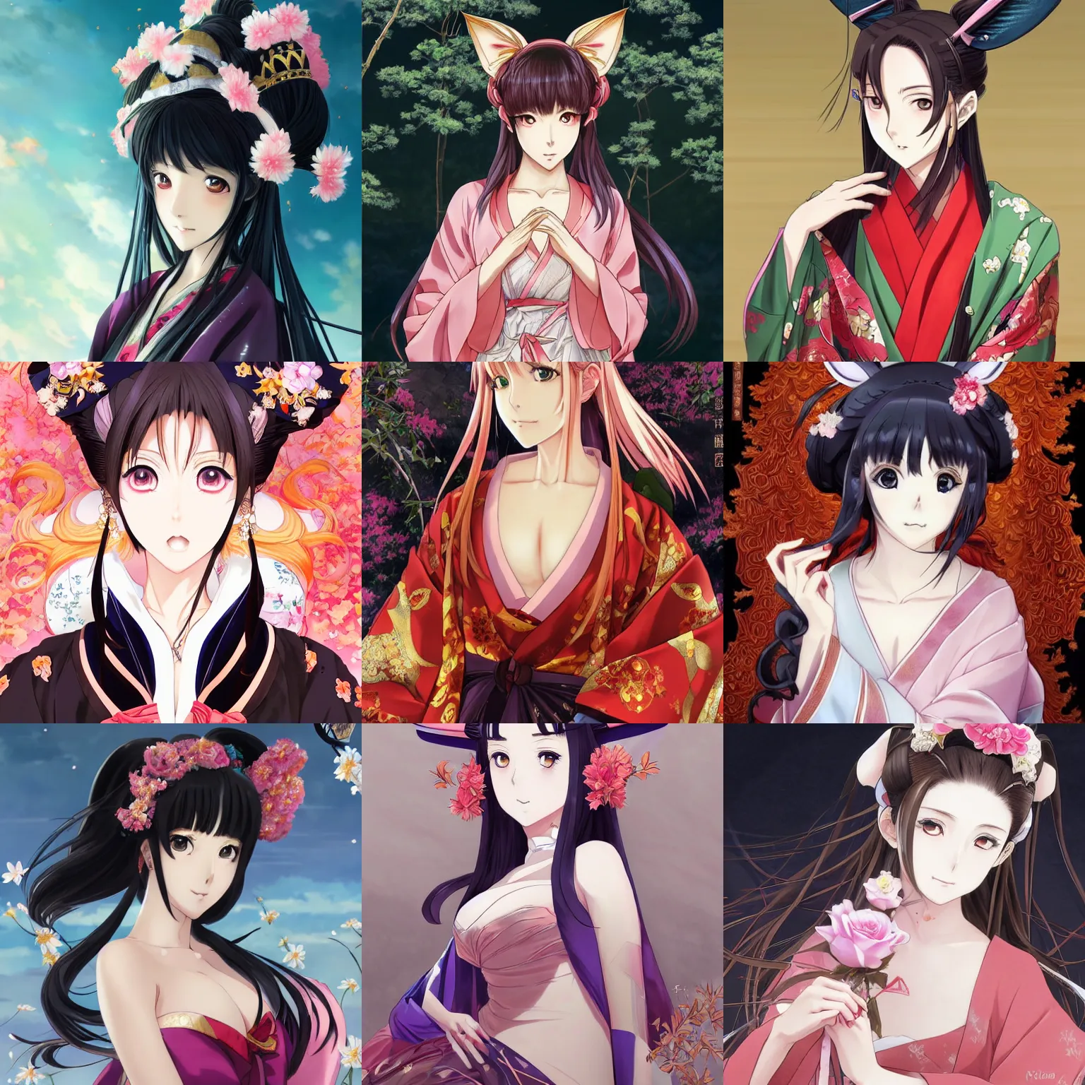 Prompt: An anime portrait of a beautiful 30-year-old Japanese noblewoman with fox ears and wise, seductive eyes wearing a silk kimono, by a professional manga illustrator, Stanley Artgerm Lau, WLOP, Rossdraws, James Jean, Andrei Riabovitchev, Marc Simonetti, and Sakimichan, tranding on artstation