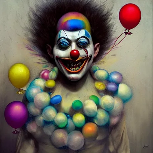 Image similar to creepy clown with colourful marbles and balloons, realistic, by Anato Finnstark, Tom Bagshaw, Brom