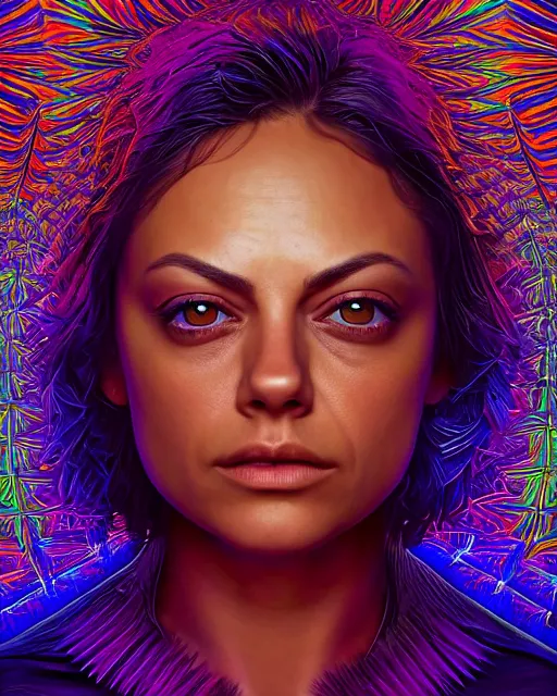 Prompt: portrait ultra dimensional mila kunis entity, accidentally tripping on dmt and acid, psychedelic experience, overwhelming psychosis of self realization and burning awakening, ultra high definition, unreal engine 5, hyperrealism, masterpiece composition, by casey weldon, barclay shaw 8 k photorealistic