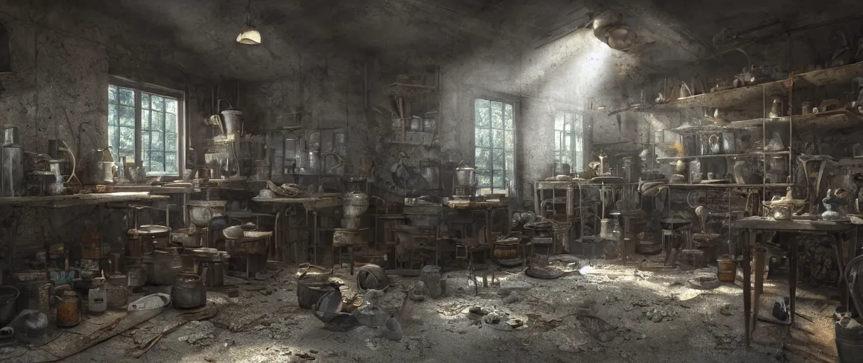 Prompt: highly detailed professional render. professional cg artist. dusty old workshop with sunrays casting shadows and light onto various glassware and old paraphernalia. artstation, cgsociety, deviantart. octane, maya, 3 dsmax, vray. subsurface scattering, bi - directional path tracing, caustics, volumetric lighting. 8 k. hdr.