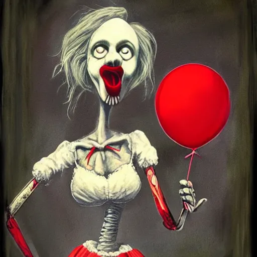 Image similar to grunge painting of big bird with a wide smile and a red balloon by chris leib, loony toons style, pennywise style, corpse bride style, horror theme, detailed, elegant, intricate