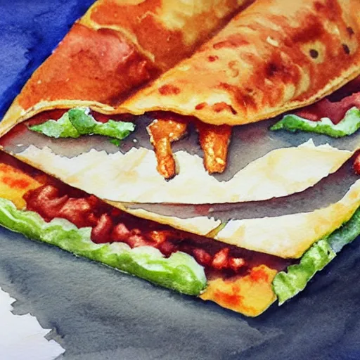 Prompt: a watercolor painting of a taco bell crunchwrap supreme, super high quality