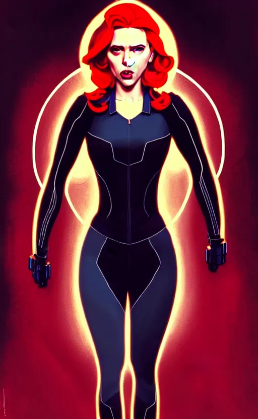 Image similar to rafeal albuquerque comic art, joshua middleton comic art, artgerm, cinematics lighting, night time, pretty scarlett johansson black widow, big smirk, symmetrical face, symmetrical eyes, long red hair, full symmetrical body, flying in the air, jumping off rooftop