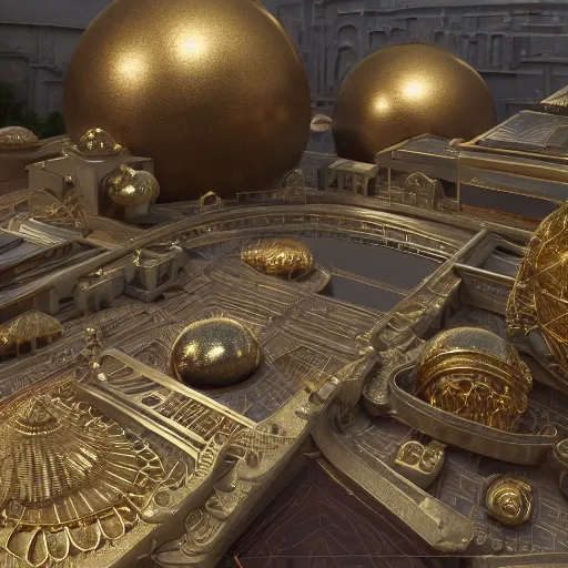 Prompt: hyper detailed hardsurface modelled 3 d geometry, houdini destruction of aminimalist design temple, tarnished gold sphere is far far in the distance, deep perspective, wide angle, insanely detailed and intricate,, eal, gold, silver red, paradise hospital environment,