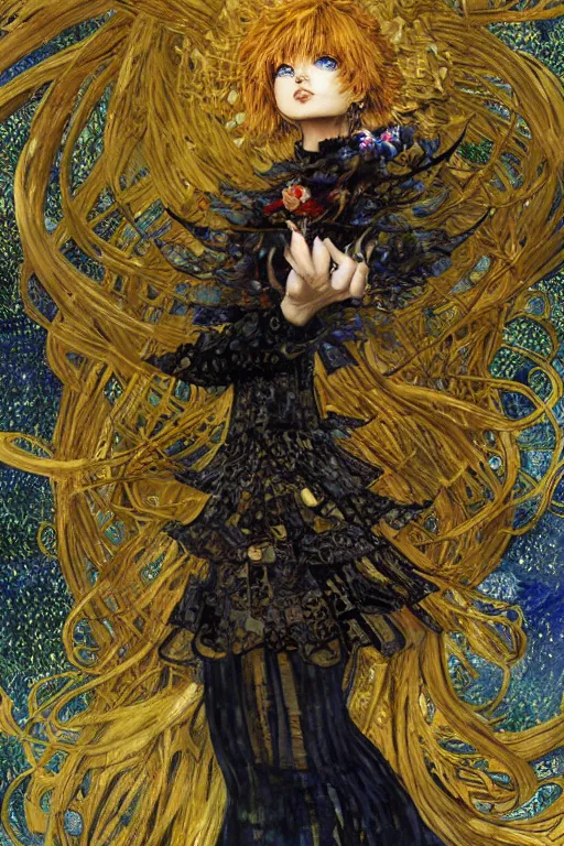 Prompt: Kirisame Marisa from touhou, official artwork, by Karol Bak, Jean Deville, Gustav Klimt, and Vincent Van Gogh, Surreality, otherworldly, fractal structures, arcane, ornate gilded medieval icon, spirals