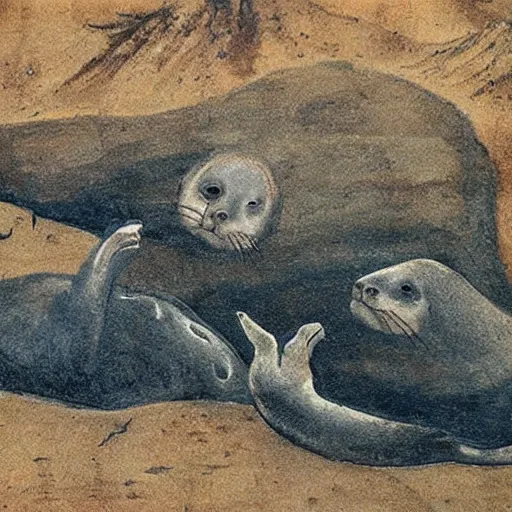 Image similar to seals being hunted by men, prehistoric cave painting