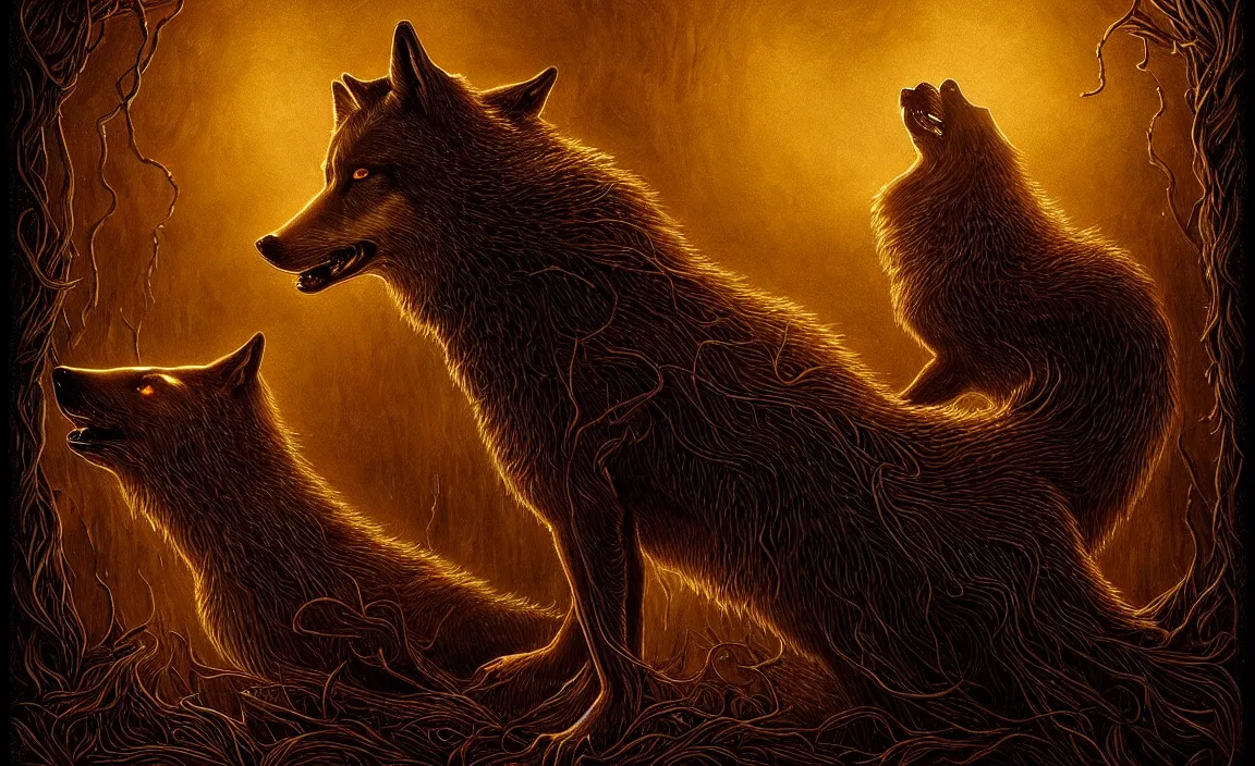 Image similar to epic professional digital art of hungry like the wolf, eerie dim gold lighting, painted, intricate, detailed, detailed, foreboding, by leesha hannigan, wayne haag, reyna rochin, ignacio fernandez rios, mark ryden, iris van herpen, hdr, epic, stunning, gorgeous, much wow, cinematic, masterpiece