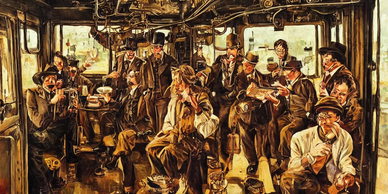 Prompt: Steampunk train scene from pulp fiction novel, small crowd of people and one pan handler with monkey (oil paint on canvas)