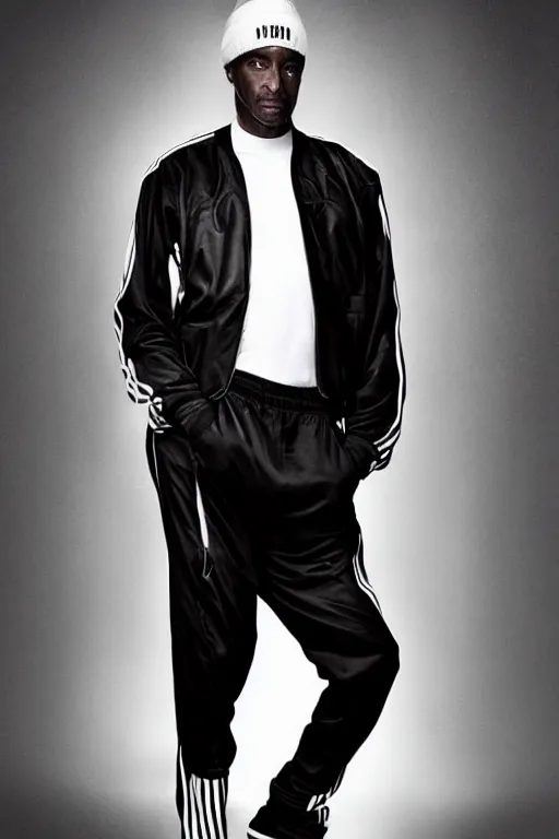 Prompt: full body photo. extreme long shot. man in black jacket and white!!! adidas!!! pants!!!. serious face. by Martin Schoeller