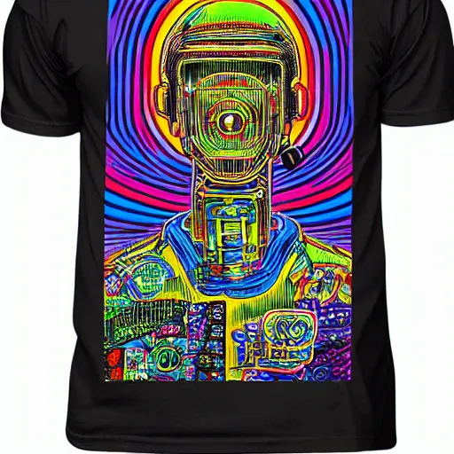 Prompt: a black tshirt with a hyperdetailed portrait of a cyberpunk robot by robert crumb, 8 k, symetrical, flourescent colors, happy trippy mood, multicolored,