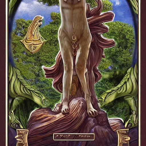 Prompt: a masterpiece hyperdetailed dnd tarot card, magnificent olive laurel wreaths as depicted in a colossal cute caracal marble statue, hd tarot card depicting monumental statue of a cute caracal hdr, 8 k, artstationhq, digital art