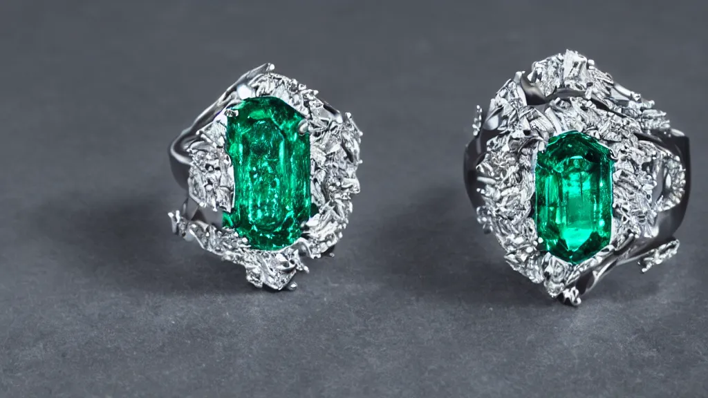 Image similar to a ring trapping a demon soul on emerald crystals inspired by tiffany co