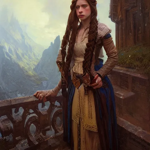 Prompt: portrait of a commoner, cloth, blue hour, solemn, dungeons and dragons character, dramatic lighting, female, brown hair, celtic braid, castle background, gorgeous view, realistic, high detail, digital art, painted by greg rutkowski, painted by jeremy mann, painted by alphonse mucha, trending on artstation