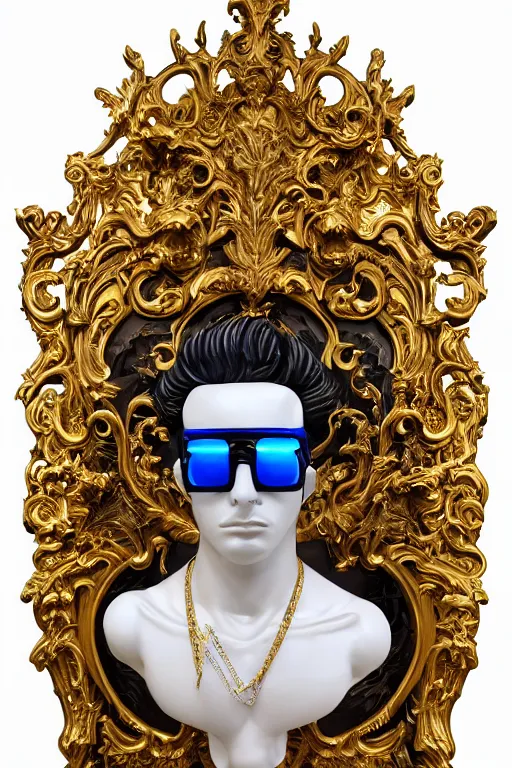 Image similar to full-body neon porcelain bladerunner and rococo style sculpture of a young handsome Cuban prince wearing retro shades and a gold chain, half android face, porcelain chest opening exposing circuitry and electric sparks, glowing laser beam eyes, crown of giant diamonds, flowing neon-colored silk, fabric, raptors. baroque elements. full-length view. baroque element. intricate artwork by caravaggio. many many birds birds on background. Trending on artstation, octane render, cinematic lighting from the right, hyper realism, octane render, 8k, depth of field, 3D