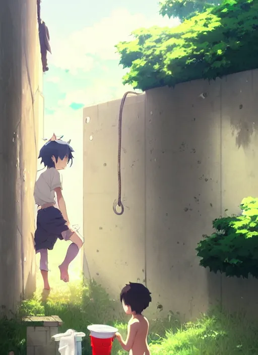 Image similar to boy behind a wall is peeking a girl washing clothings near a river, illustration concept art anime key visual trending pixiv fanbox by wlop and greg rutkowski and makoto shinkai and studio ghibli