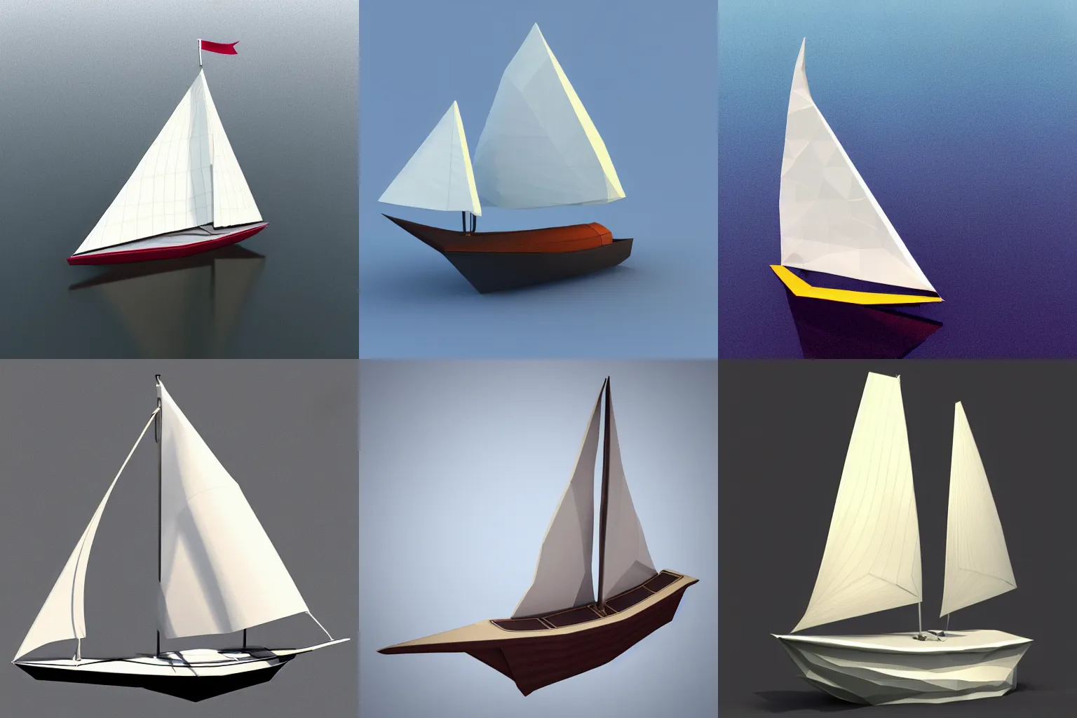 Prompt: Low-poly 3d render of a sail boat