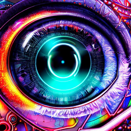 Prompt: Cybernetic Eye with intricate reflections and circuits, Close up, colorful, fantasy, vivid colors, concept art, sharp focus, digital art, Hyper-realistic, 4K, Unreal Engine, Highly Detailed, HD, Dramatic Lighting by Brom, trending on Artstation