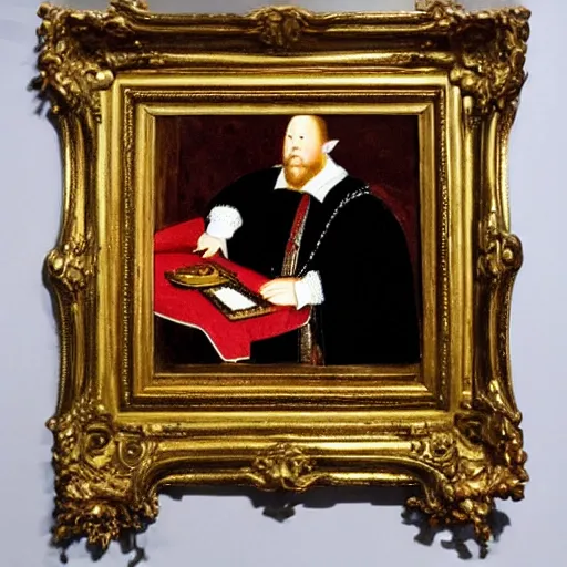 Image similar to king henry viii building a pc, wearing a crown and royal robes, 17th century detailed oil painting with a gilded frame