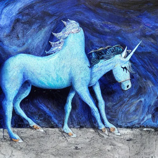 Prompt: blue unicorn, its skin is recovered by blue electrical discharges, it's running between a storm, the floor is a very big field of black rock, the sky is black and moonless, high - quality, realistic, there is space around the figure