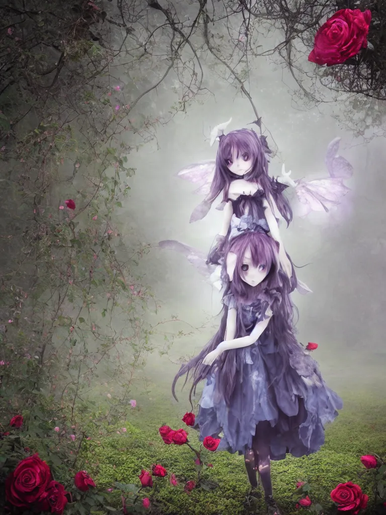 Prompt: cute fumo plush girl among vines in the middle of a foggy dark cursed rose garden under a blue sky, beautiful glowing ethereal gothic magical wraith fairy girl with dark eyes, horns, sheep girl, anime, tattered dress, bokeh, vray