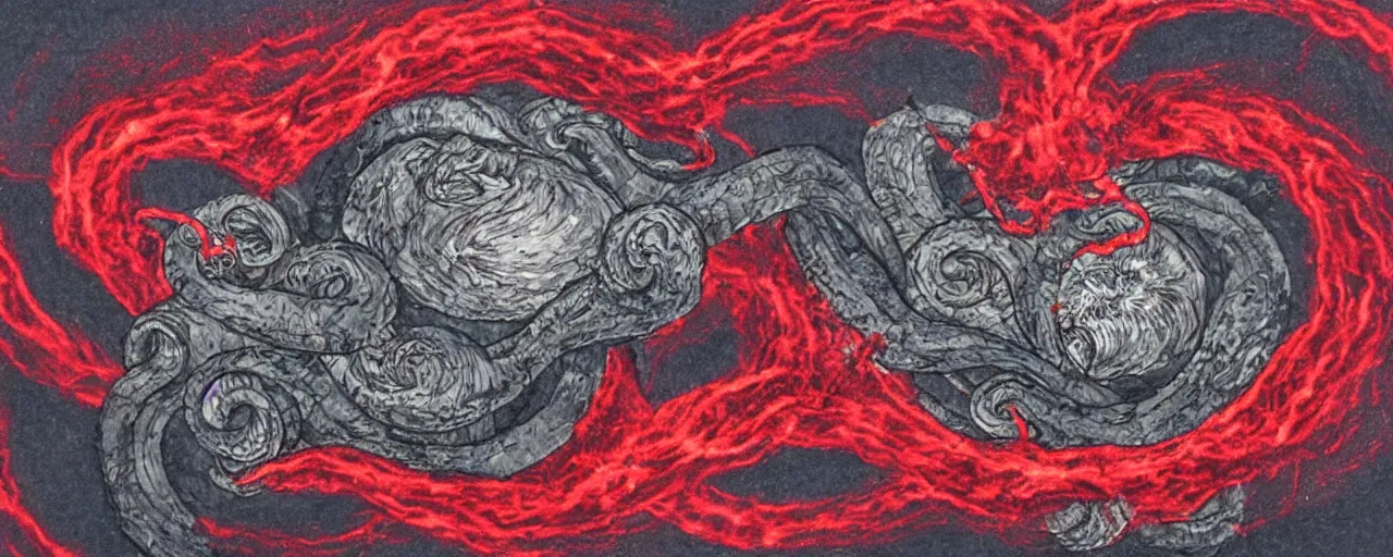 Prompt: mixed media art of a giant elder kraken covered in red lightning in the middle of a giant whirlpool