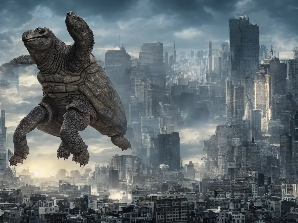 Image similar to Giant Tortoise Kaiju towering over a city as people run away, photo realistic, movie still, 4k, 8k, action film