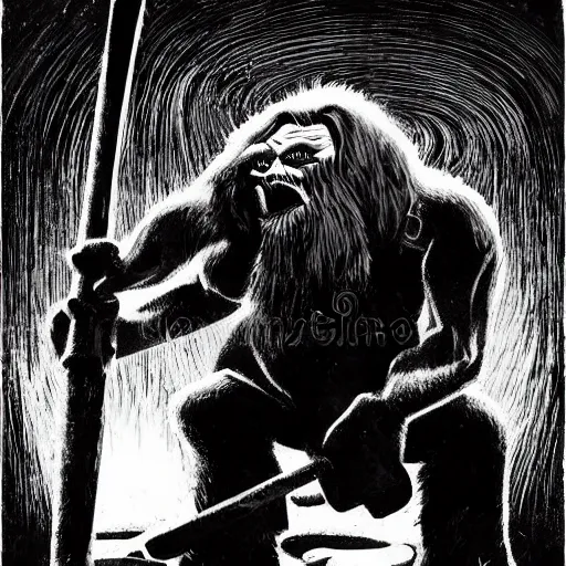 Image similar to norwegian troll blacksmith with sledgehammer profile portrait half body monochrome portrait hammer cover illustration dramatic kvlt by peder balke by guido crepax by norman bluhm mystic high contrast monochromatic noir