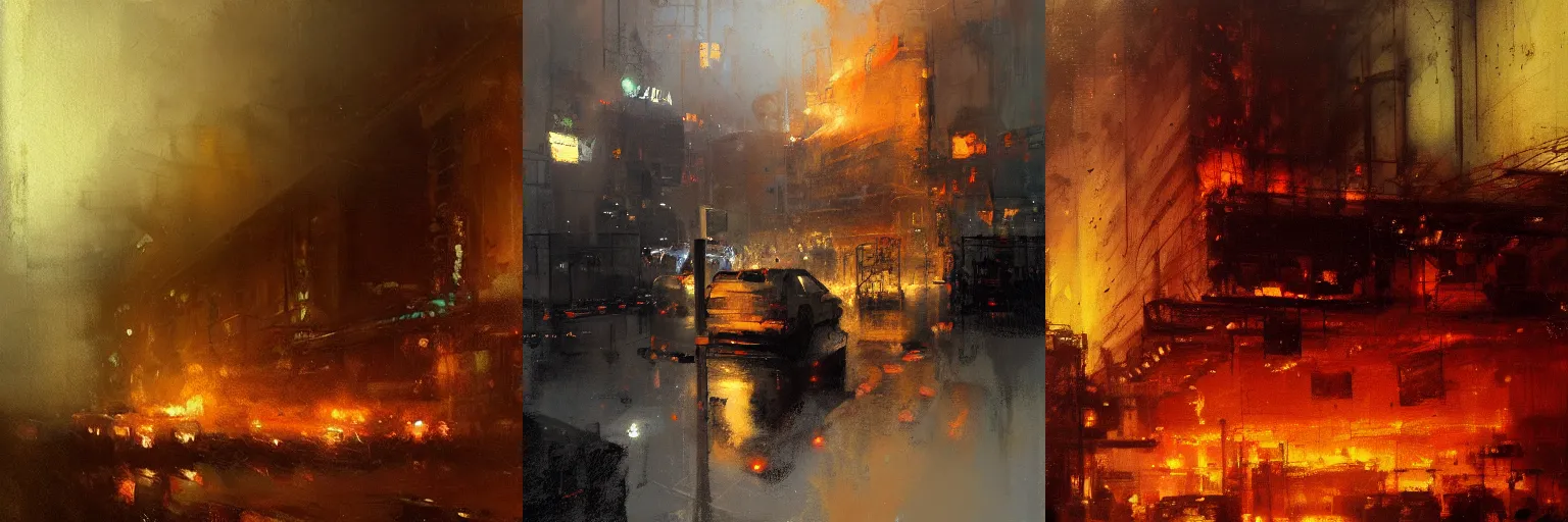 Prompt: a discord server room on fire,by Jeremy Mann, stylized, detailed, loose brush strokes, warm tones