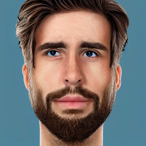 Image similar to A realistic portrait of a 30 year old male with blue eyes, brown medium length hair, bushy eyebrows and a short beard