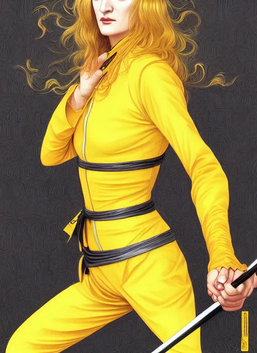 Prompt: uma thurman in kill bill, rococo and art nouveau fusion, reflective katana, yellow jumpsuit with black stripe, highly detailed, deep focus, elegant, digital painting, smooth, sharp focus, illustration, ultra realistic, japanese art by artgerm and alphonse mucha