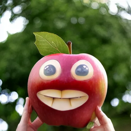 Image similar to happiest apple in the world, human face apple with wide grin, photograph