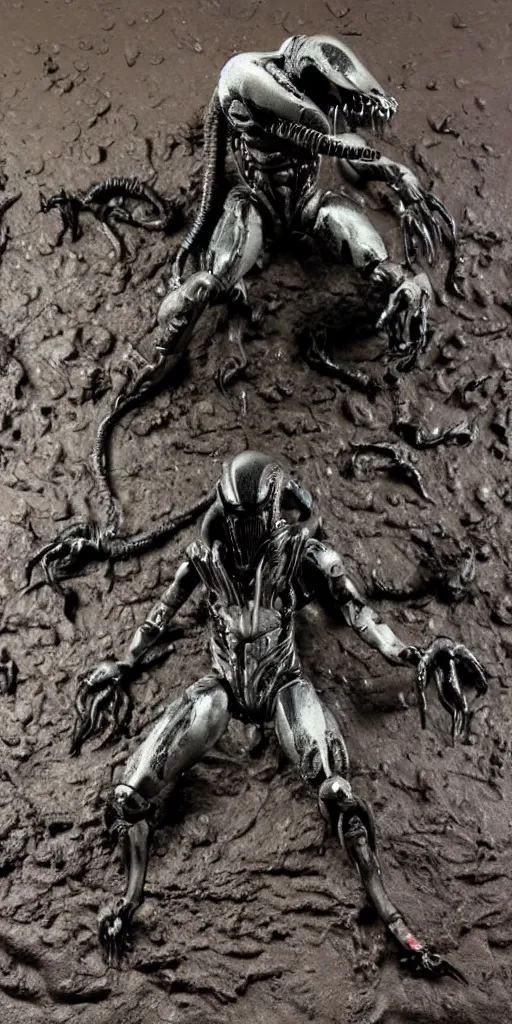 Prompt: bootleg figure of a plastic platinum xenomorph diorama drown in the mud, secondhand, mcfarlane, cursed photography, middle shot