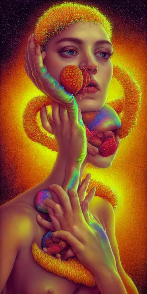 Image similar to hyper detailed 3d render like a Oil painting - portrait sculpt of Aurora (Singer) seen Eating of the Strangling network of yellowcake aerochrome and milky Fruit that covers her body and Her delicate Hands hold of gossamer polyp blossoms bring iridescent fungal flowers whose spores black the foolish stars by Jacek Yerka, Mariusz Lewandowski, Houdini algorithmic generative render, Abstract brush strokes, Masterpiece, Edward Hopper and James Gilleard, Zdzislaw Beksinski, Mark Ryden, Wolfgang Lettl, hints of Yayoi Kasuma, octane render, 8k