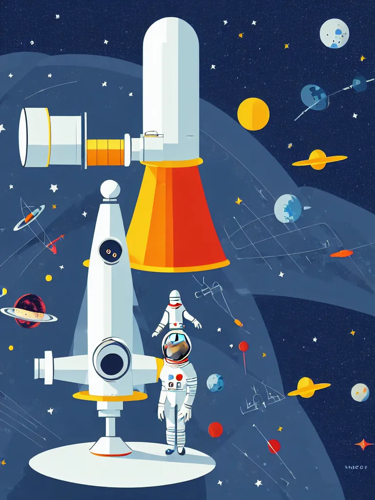 Image similar to editorial illustration scientific lab test tube telescope microscope astronaut spaceship, colorful modern, mads berg